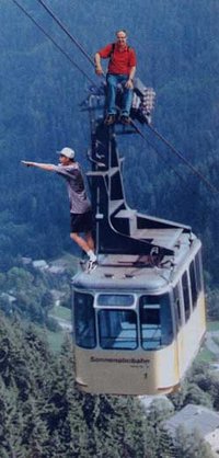 Having fun with photography: manipulation of the scanned print in a graphics program puts these two brave people on top of an Austrian cable car. Click on the picture to see the three components.