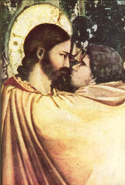 "The Kiss of Judas" is a traditional depiction of Judas by , c.. The painting is housed in the Scrovegni Chapel, .