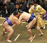 A sumo match at Ryogoku Kokugikan.