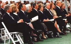 Presidents Bill Clinton, George Bush, Ronald Reagan, Jimmy Carter, Gerald Ford, and their wives at the funeral of President Richard Nixon on  .