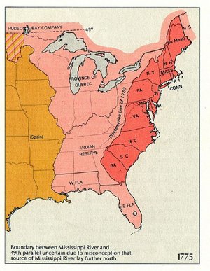 Before the Revolution: The  are in red, the pink area was claimed by Great Britain after the , and the orange region was claimed by . Note that this map does not show the bulk of  of that time.