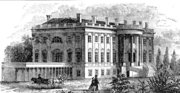 19th Century view of the White House as seen from the southwest, with the old West Wing visible.