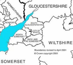Location of South Gloucestershire. The thick line at the top of the map is a country border, separating Monmouthshire (Wales) from Gloucestershire (England)
