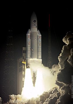 Ariane 5 lifts off with the  on 2 March 2004.