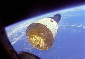 The crew of Gemini 6 took this photo of Gemini 7 when they were about 7 metres apart