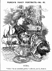 Caricature of Ouida (Punch, August 20, 1881)