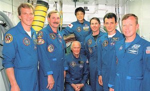 Crew of STS-95 (L to R: Parazynski, Brown, Glenn,  Mukai, Robinson, Duque and Lindsey) (NASA)