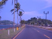 Causeway to Naos, Perico and Flamengo Islands. A bicycle path parallels the roadway.