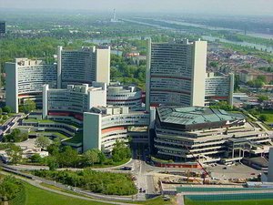 complex in Vienna, with the non-affiliated Austria Center Vienna in front - picture taken from TV tower in nearby park. This photo was taken before the massive expansion of this area, which started in the 1990s. Today there are several  and dozens more low-rise buildings on this site.