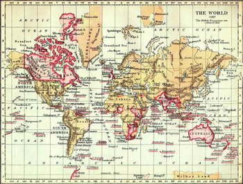 The British Empire in 1897, marked in pink, the traditional colour for Imperial British dominions on maps.