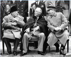 The "Big Three"  Allied leaders at Yalta: British Prime Minster  (left), U.S. President  (center), and Soviet First Secretary  (right)