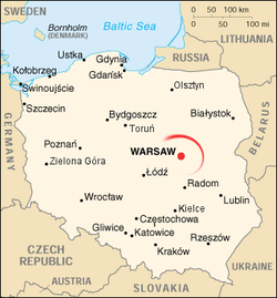 Warsaw on map of Poland