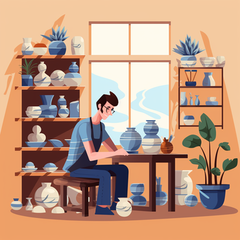 Illustration of a man working in his pottery studio