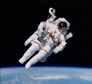 U.S. Space Shuttle astronaut  using a manned maneuvering unit. Picture courtesy NASA