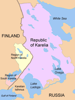 The Regions of North and South Karelia lie in Finland and the Karelian Republic in Russia. The Karelian Isthmus is part of the Leningrad Oblast.