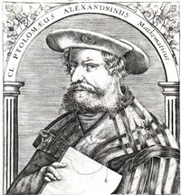 Claudius Ptolemaeus, given contemporary  styling, in a  engraved book frontispiece