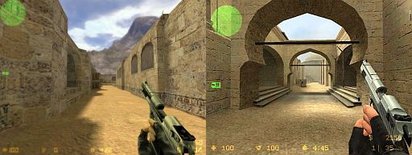 Picture of a Terrorist using a Desert Eagle on the map de_dust in the original (left) and Source (right) versions