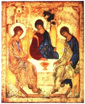 Famous Orthodox Icon representing three angels that visited  as a  of the Trinity.