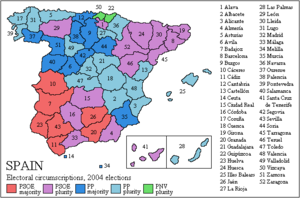 Map of Spain's electoral circumscriptions, and the parties leading in each circumscription in the election for the Congress of Deputies
