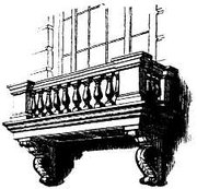 A balcony comprising a  supported at either end by . The balcony is supported on console brackets.
