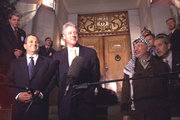 Barak, Bill Clinton, and Yasser Arafat speak to the press in Norway.