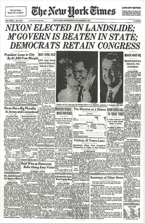 The New York Times front page from the day after the election: November 8, 1972.