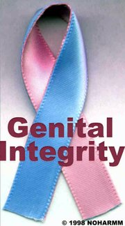 Ribbon For Genital Integrity:  The pink and blue ribbon symbol of the Genital Integrity movement (Image courtesy of NoHarmm.Org and used with permission).