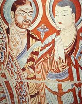 Blue-eyed Central Asian Buddhist monk, with an East-Asian colleague, , 9th-10th century.