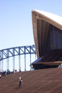 Sails of the Opera House with Harbour Bridge in background and the Monumental Steps in the foreground