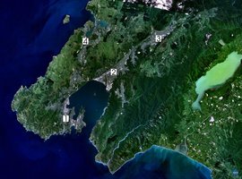 Satellite photo of the Wellington region. (1) Wellington (2) Lower Hutt (3) Upper Hutt (4) Porirua