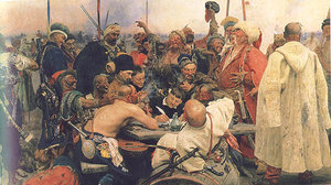 The Reply of the Zaporozhian Cossacks to Sultan  of Turkey. Painted by  from 1880 to 1891.