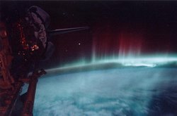 Photograph of the aurora australis, taken from the space shuttle in orbit in May 1991, at a geomagnetic maximum.