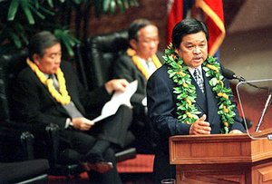 In 1998, Benjamin J. Cayetano became the first Filipino American (and second Asian American after Governor George R. Ariyoshi) to be elected state Governor of the United States. He served Hawai'i until 2002. In this January 24, 2000 photo, Cayetano addresses the Hawai'i State Legislature.