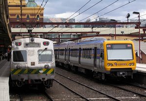 Trains awaiting departure at Flinders Street Station, taken from Mark Bau's Victorian Railways (http://www.victorianrailways.net/) site.