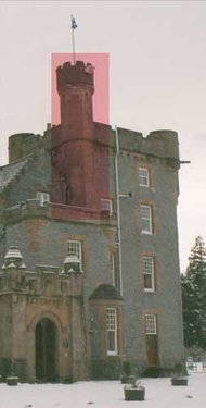 Turret (highlighted) attached to a tower on a baronial building in Scotland