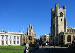 Great St Mary's Church marks the centre of Cambridge, whilst the Senate House on the left, is the centre of the University. Gonville and Caius College is located in the background.