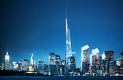 Artist's depiction of the Freedom Tower amidst the New York skyline at night.