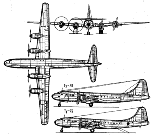 Multiple view of Tu-70 airliner and Tu-75 freighter versions of the Tu-4
