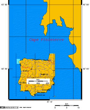Position of Cape Finisterre on the 