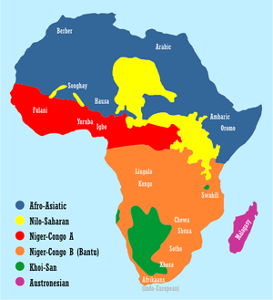 Map showing the distribution of African language families and some major African languages.  extends into the  and .  is divided to show the size of the .