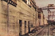 Pedro Miguel Locks under construction, early 1910's, showing center wall and intakes, looking north.