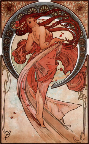 Lithographic poster by Mucha, Dancel 1898