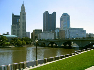 Skyline of downtown Columbus, Ohio, viewed across the Scioto River.