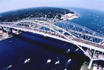 The Blue Water Bridges, as seen from the southeast in Sarnia. In the foreground is the newest bridge, constructed in 1997. Beside it is the old bridge, built in 1938. In the background, you can see , and .
