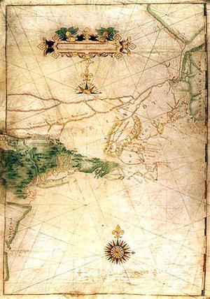 Block's map of his 1614 voyage, with the first appearance of the term "New Netherland"