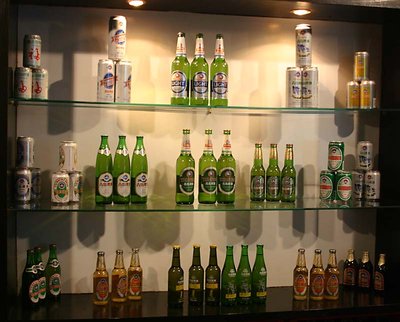 Past packaging of Qingdao Beer in a display at the Qingdao Beer Museum