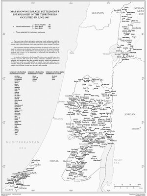 1996 Map of Israeli settlements in the Golan Heights, Gaza Strip and West Bank