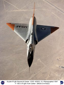 The F-106 Delta Dart, a development of the F-102, clearly shows the "wasp-waisted" shaping due to area rule considerations.