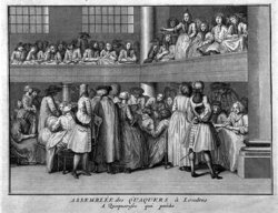 A female Quaker preaches at a meeting in London in the 18th century