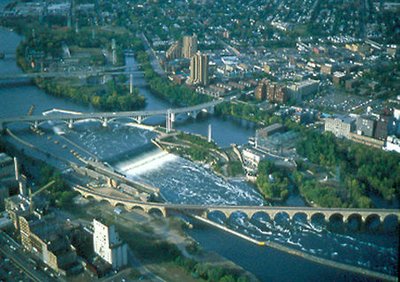 Aerial view of the Stone Arch Bridge below one of the dams that replaced the Saint Anthony Falls